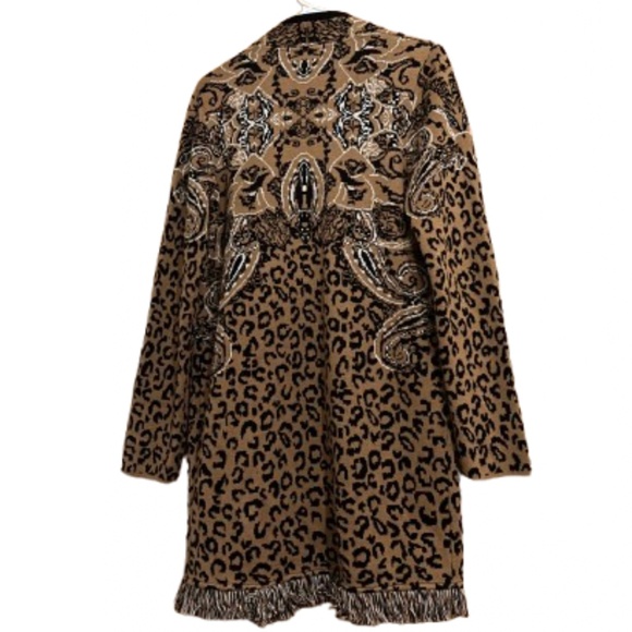 Chico’s Women’s Tan Multi Animal Print Open Front Cardigan with Fringe Hem Sz-S - Picture 7 of 7